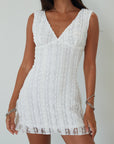Knit lace sleeveless dress. Back hook and eye and zipper closures. Fully lined. white mini dress. white lace mini dress. engagement dress. bridal shower dress. bridal dress. summer dress