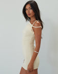cream mini dress. summer dress. everyday dress. twist strap