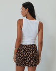 Animal printed woven skirt. Side hook and eye and zipper closures. Unlined. leopard mini skirt. going out skirt. date night skirt. date night outfit.