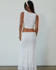 Lace sleeveless top. Boning in bodice. Front hook and eye closures. Fully lined. Knit lace maxi skirt. Elastic waistband. Fully lined. maxi skirt set. lace set. lace maxi skirt set. bridal shower set. bridal shower outfit. vacation set. vacation outfit. summer outfit. summer set
