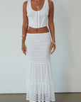 Lace sleeveless top. Boning in bodice. Front hook and eye closures. Fully lined. Knit lace maxi skirt. Elastic waistband. Fully lined. maxi skirt set. lace set. lace maxi skirt set. bridal shower set. bridal shower outfit. vacation set. vacation outfit. summer outfit. summer set