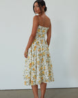 Floral printed woven midi dress. Adjustable straps. Underwire cups. Side pockets. Back hook and eye and zipper closures. Fully lined. floral midi dress. summer dress. summer midi dress.