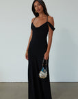 Chiffon maxi dress. Adjustable crisscross back straps. Side zipper closure. Fully lined. black maxi dress. wedding guest dress