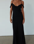 Chiffon maxi dress. Adjustable crisscross back straps. Side zipper closure. Fully lined. black maxi dress. wedding guest dress