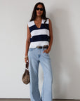 Striped crochet knit sleeveless top. Side slits. Unlined. blue and white sweater vest. striped sweater. striped sweater vest. fall outfit.