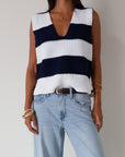 Striped crochet knit sleeveless top. Side slits. Unlined. blue and white sweater vest. striped sweater. striped sweater vest. fall outfit.