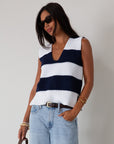 Striped crochet knit sleeveless top. Side slits. Unlined. blue and white sweater vest. striped sweater. striped sweater vest. fall outfit.
