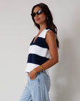 Striped crochet knit sleeveless top. Side slits. Unlined. blue and white sweater vest. striped sweater. striped sweater vest. fall outfit.