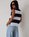 Striped crochet knit sleeveless top. Side slits. Unlined. blue and white sweater vest. striped sweater. striped sweater vest. fall outfit.
