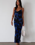 Printed chiffon maxi dress. Adjustable cross cross back straps. Side zipper closure. Fully lined. butterfly dress. blue maxi dress