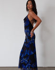 Printed chiffon maxi dress. Adjustable cross cross back straps. Side zipper closure. Fully lined. butterfly dress. blue maxi dress