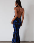 Printed chiffon maxi dress. Adjustable cross cross back straps. Side zipper closure. Fully lined. butterfly dress. blue maxi dress