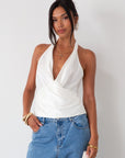 Satin halter top. Surplice neckline. Side zipper closure. Unlined. white satin top. white satin halter top. deep v tank top. summer top. bridal top.