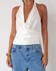 Satin halter top. Surplice neckline. Side zipper closure. Unlined. white satin top. white satin halter top. deep v tank top. summer top. bridal top.