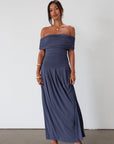 Knit maxi dress. Strapless elastic neckline. Off the shoulder short sleeves. Ruched sides. Unlined. Blue maxi dress. blue sleeveless maxi dress. Fold over dress. wedding guest dress. drop waist maxi dress