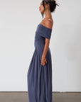 Knit maxi dress. Strapless elastic neckline. Off the shoulder short sleeves. Ruched sides. Unlined. Blue maxi dress. blue sleeveless maxi dress. Fold over dress. wedding guest dress. drop waist maxi dress