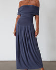 Knit maxi dress. Strapless elastic neckline. Off the shoulder short sleeves. Ruched sides. Unlined. Blue maxi dress. blue sleeveless maxi dress. Fold over dress. wedding guest dress. drop waist maxi dress