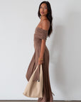 Knit maxi dress. Strapless elastic neckline. Off the shoulder short sleeves. Ruched sides. Unlined. brown maxi dress. brown sleeveless maxi dress. Fold over dress. wedding guest dress. drop waist maxi dress