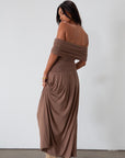Knit maxi dress. Strapless elastic neckline. Off the shoulder short sleeves. Ruched sides. Unlined. brown maxi dress. brown sleeveless maxi dress. Fold over dress. wedding guest dress. drop waist maxi dress