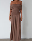 Knit maxi dress. Strapless elastic neckline. Off the shoulder short sleeves. Ruched sides. Unlined. brown maxi dress. brown sleeveless maxi dress. Fold over dress. wedding guest dress. drop waist maxi dress