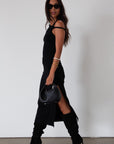 Knit maxi dress. Asymmetric sleeves. Side slit. Unlined. black maxi dress. black midi dress. dress with side slit. wedding guest dress. fancy dinner dress. night out dress