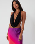 Knit bikini top with draped front. Adjustable back tie closures. Fully lined. black going out top. backless top. black halter top