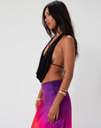 Knit bikini top with draped front. Adjustable back tie closures. Fully lined. black going out top. backless top. black halter top