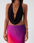 Knit bikini top with draped front. Adjustable back tie closures. Fully lined. black going out top. backless top. black halter top