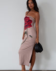 Printed knit maxi dress. Strapless elastic neckline. Side slit. Unlined. rose maxi dress. rose mini dress.