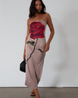Printed knit maxi dress. Strapless elastic neckline. Side slit. Unlined. rose maxi dress. rose mini dress.