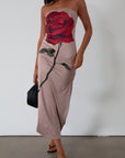 Printed knit maxi dress. Strapless elastic neckline. Side slit. Unlined. rose maxi dress. rose mini dress.