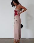 Printed knit maxi dress. Strapless elastic neckline. Side slit. Unlined. rose maxi dress. rose mini dress.