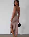 Printed knit maxi dress. Strapless elastic neckline. Side slit. Unlined. rose maxi dress. rose mini dress.