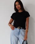 Knit tee. Crewneck. Short sleeves. Unlined. black tee. black basic tee. summer top.