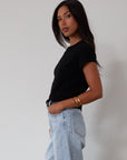 Knit tee. Crewneck. Short sleeves. Unlined. black tee. black basic tee. summer top.