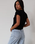 Knit tee. Crewneck. Short sleeves. Unlined. black tee. black basic tee. summer top.
