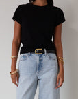 Knit tee. Crewneck. Short sleeves. Unlined. black tee. black basic tee. summer top.