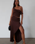 Knit maxi skirt. Elastic waist. Front drawstring detail. Front slit. Unlined. Brown maxi skirt with slit. summer skirt. summer maxi skirt