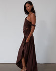 Knit maxi skirt. Elastic waist. Front drawstring detail. Front slit. Unlined. Brown maxi skirt with slit. summer skirt. summer maxi skirt