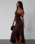 Knit maxi skirt. Elastic waist. Front drawstring detail. Front slit. Unlined. Brown maxi skirt with slit. summer skirt. summer maxi skirt