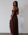 Knit maxi skirt. Elastic waist. Front drawstring detail. Front slit. Unlined. Brown maxi skirt with slit. summer skirt. summer maxi skirt
