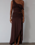 Knit maxi skirt. Elastic waist. Front drawstring detail. Front slit. Unlined. Brown maxi skirt with slit. summer skirt. summer maxi skirt