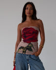 Printed knit tube top. Elastic neckline. Unlined. rose tube top. foral tube top. summer top