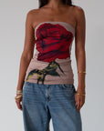 Printed knit tube top. Elastic neckline. Unlined. rose tube top. foral tube top. summer top