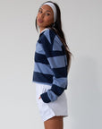 Striped knit crop top. Collar neckline. Long sleeves. Oversized fit. Unlined. polo long sleeve. lounge top. dress down top
