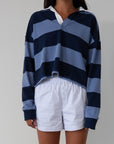 Striped knit crop top. Collar neckline. Long sleeves. Oversized fit. Unlined. polo long sleeve. lounge top. dress down top