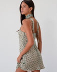 Plaid chiffon dress. Adjustable straps. Back hook and eye and zipper closures. Nude lining. Self tie. green mini dress. going out dress. fancy dinner dress. fall transition dress. dress with neck scarf