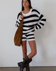 Striped crochet knit sweater. Striped crochet knit shorts. Crewneck. Long sleeves. Unlined. fall transition outfit. lounge set. cute lounge set. striped lounge set