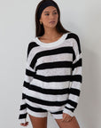 Striped crochet knit sweater. Striped crochet knit shorts. Crewneck. Long sleeves. Unlined. fall transition outfit. lounge set. cute lounge set. striped lounge set