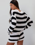 Striped crochet knit sweater. Striped crochet knit shorts. Crewneck. Long sleeves. Unlined. fall transition outfit. lounge set. cute lounge set. striped lounge set